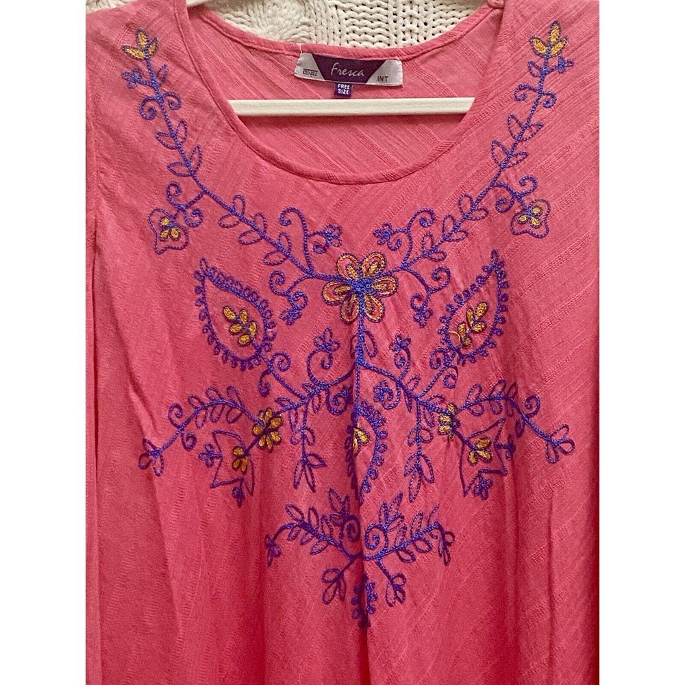 Fresca Sleeveless Hot‎ Pink Cover Up 100%Cotton Dress Boho Mumu MIDI Embroidered